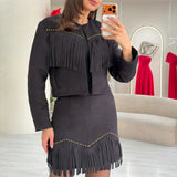 Black Fringed Jacket Skirt Suede Set