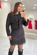 Black Fringed Jacket Skirt Suede Set