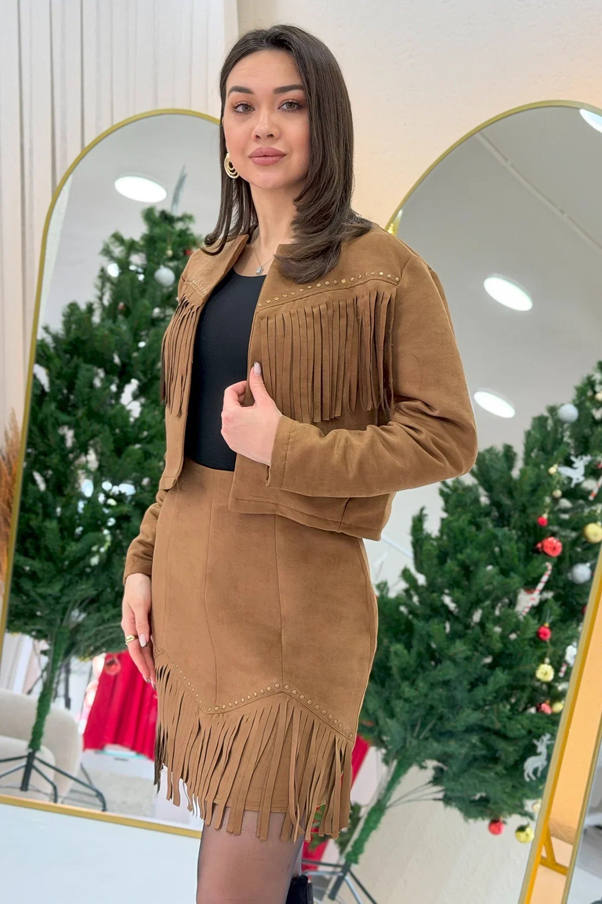 Women's Tan Saçaklı Jacket Skirt İkili Suede Set