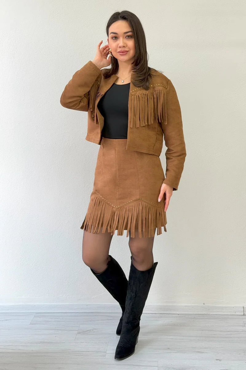 Women's Tan Saçaklı Jacket Skirt İkili Suede Set