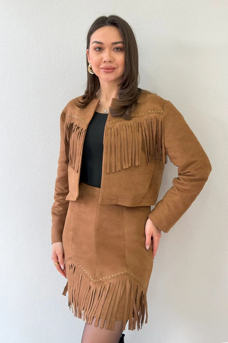 Women's Tan Saçaklı Jacket Skirt İkili Suede Set
