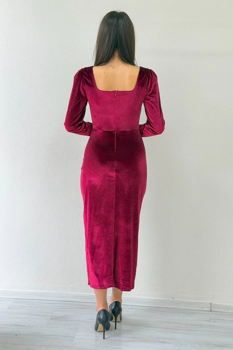 Women's Burgundy Square Neck Velvet Midi Dress
