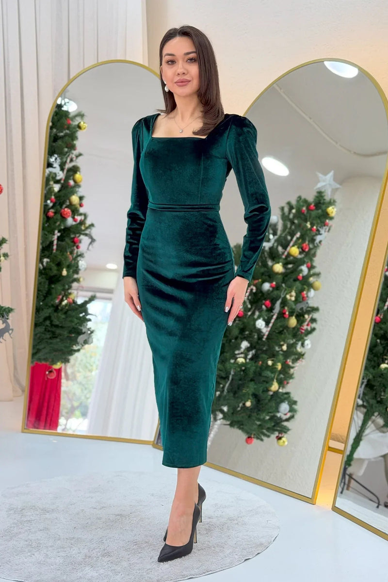 Women's Green Square Neck Velvet Midi Dress