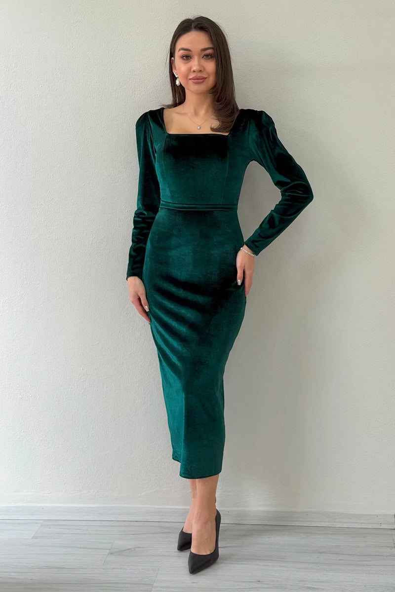 Women's Green Square Neck Velvet Midi Dress