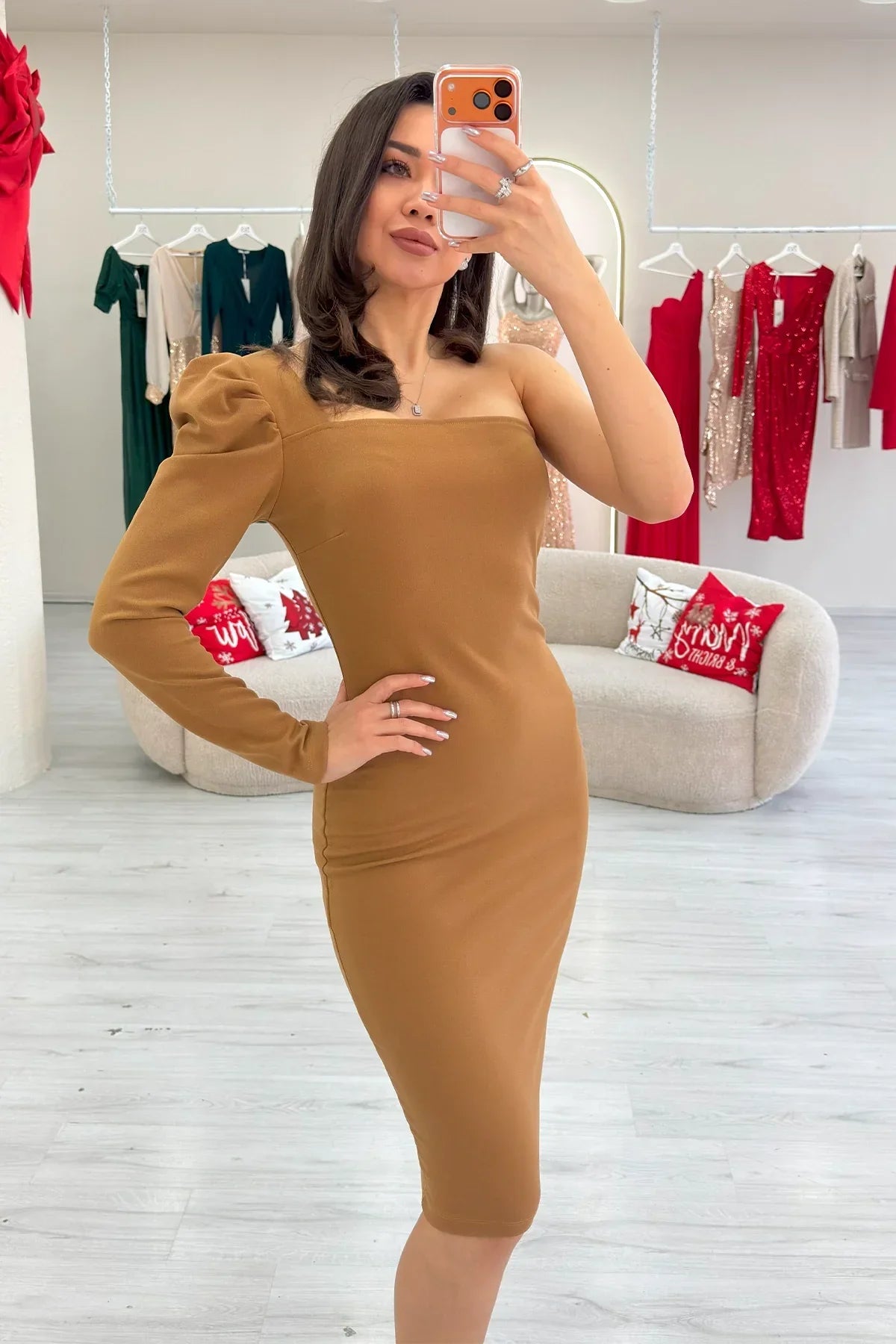 Women's Tan One Shoulder Midi Crepe Dress