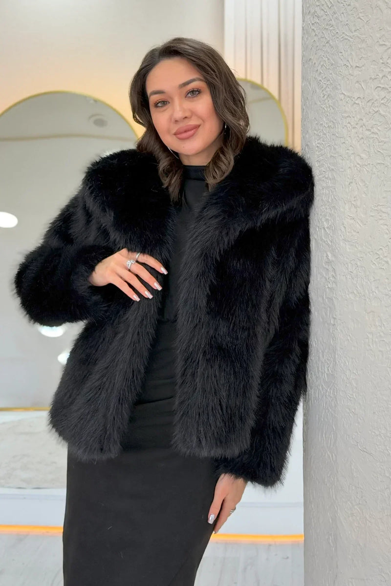 Women's Black Necklı Lined Premium Faux Fur