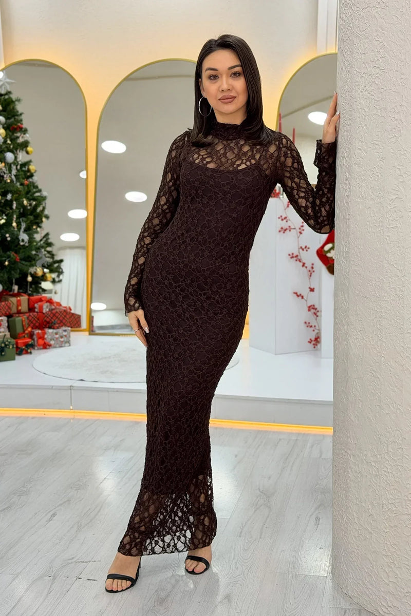 Women's Brown Fully Lined High Neck Midi Kabartmalı Lace Dress