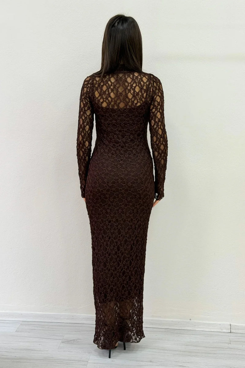 Women's Brown Fully Lined High Neck Midi Kabartmalı Lace Dress