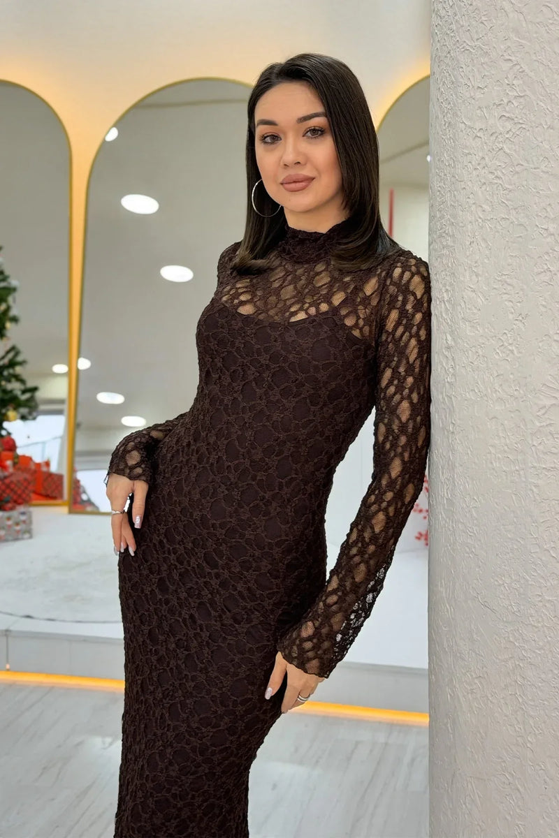 Women's Brown Fully Lined High Neck Midi Kabartmalı Lace Dress