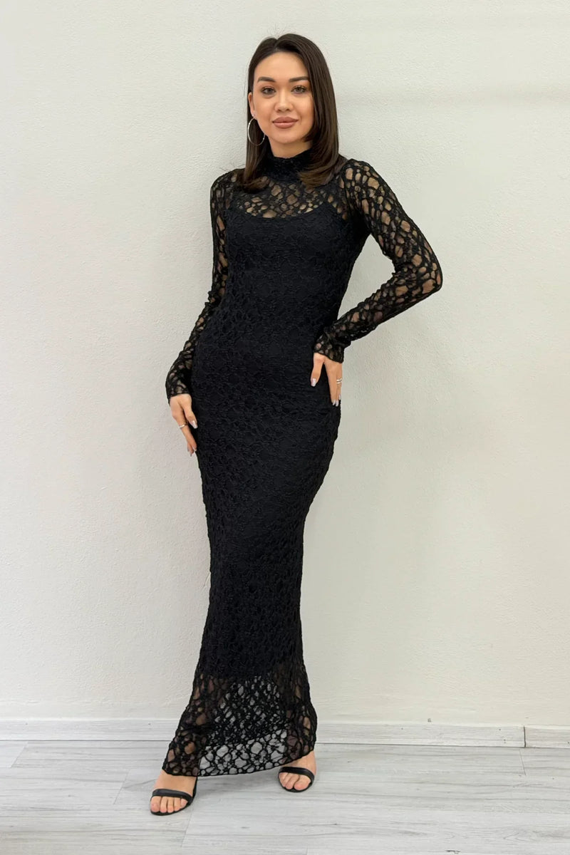 Women's Black Fully Lined High Neck Midi Kabartmalı Lace Dress