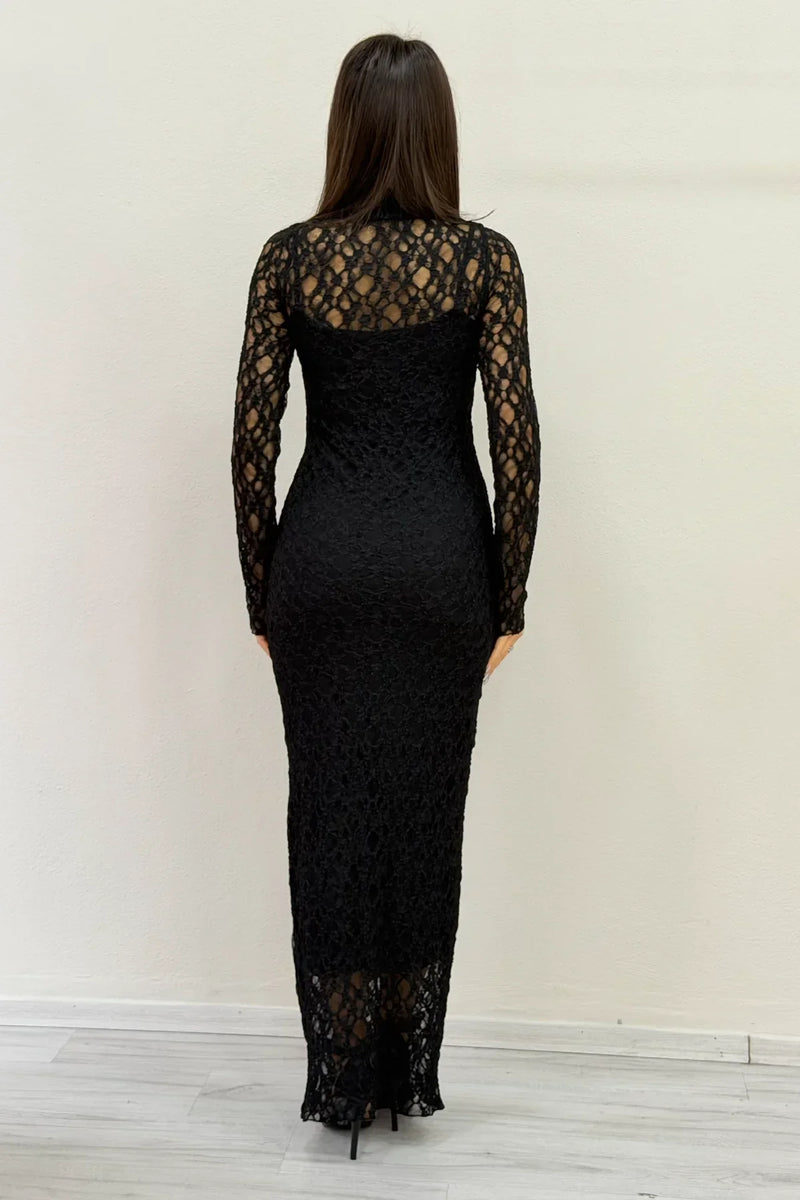 Women's Black Fully Lined High Neck Midi Kabartmalı Lace Dress