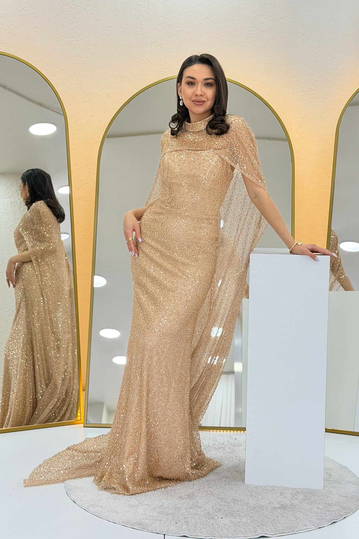 Women's Gold Strapless Cape Mermaid Evening Dress