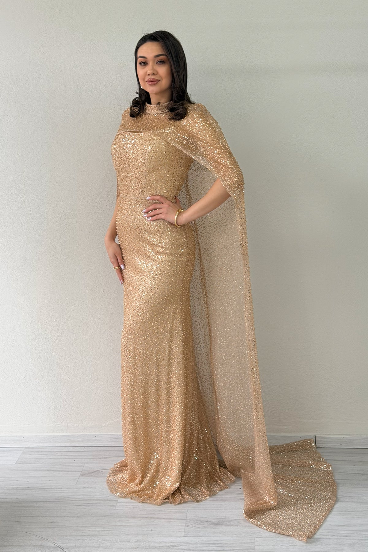 Women's Gold Strapless Cape Mermaid Evening Dress