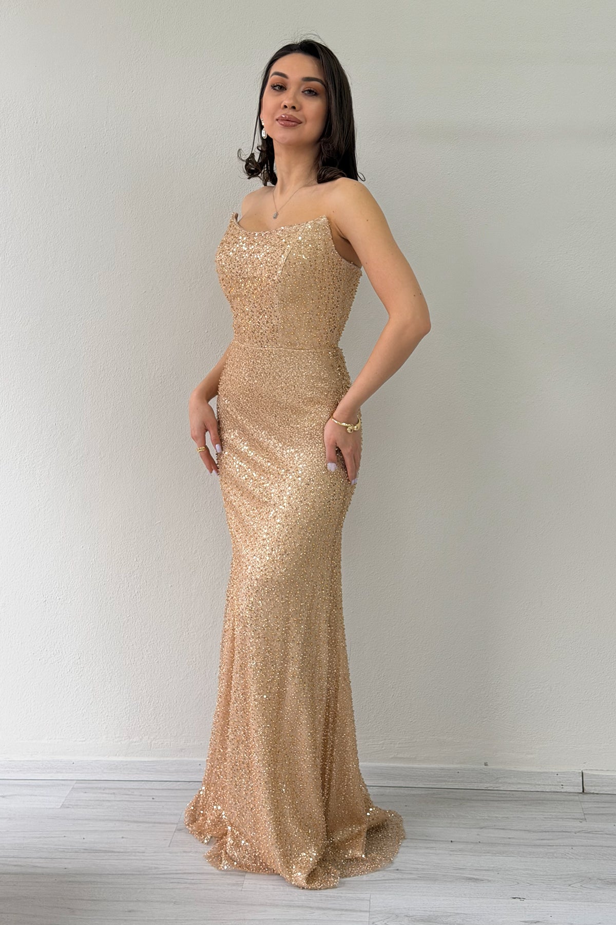 Women's Gold Strapless Cape Mermaid Evening Dress