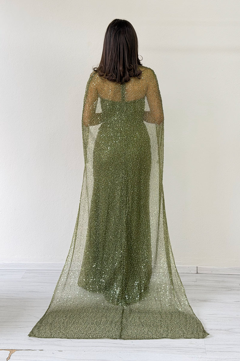 Women's Khaki Strapless Cape Mermaid Evening Dress