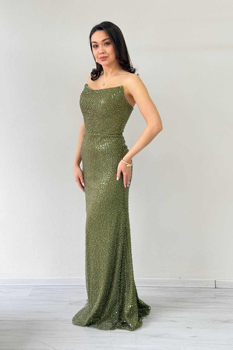 Women's Khaki Strapless Cape Mermaid Evening Dress