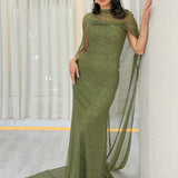 فستان سهرة نسائي بلون الكاكي بدون حمالات بتصميم حورية البحر