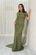 Women's Khaki Strapless Cape Mermaid Evening Dress