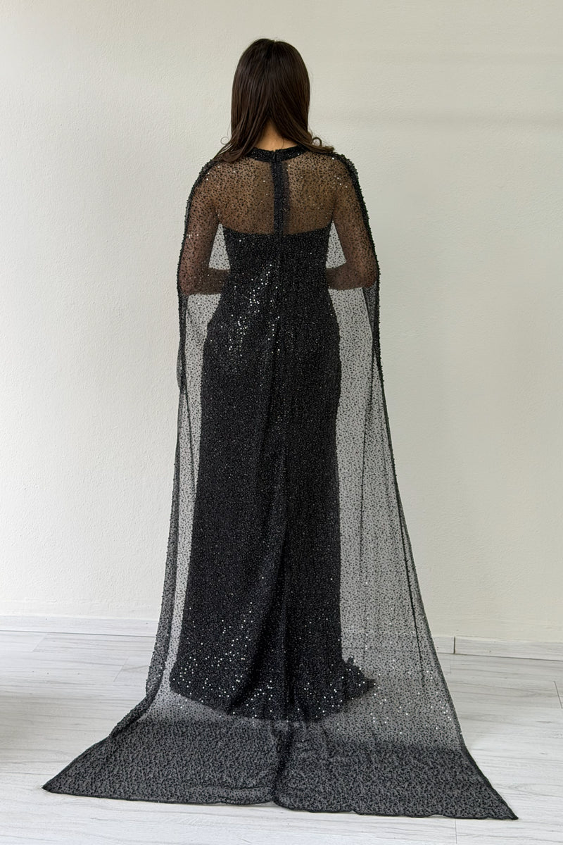 Women's Black Strapless Cape Mermaid Evening Dress