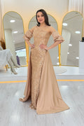 Women's Gold Satin Tailored Dress with Detachable Sleeves
