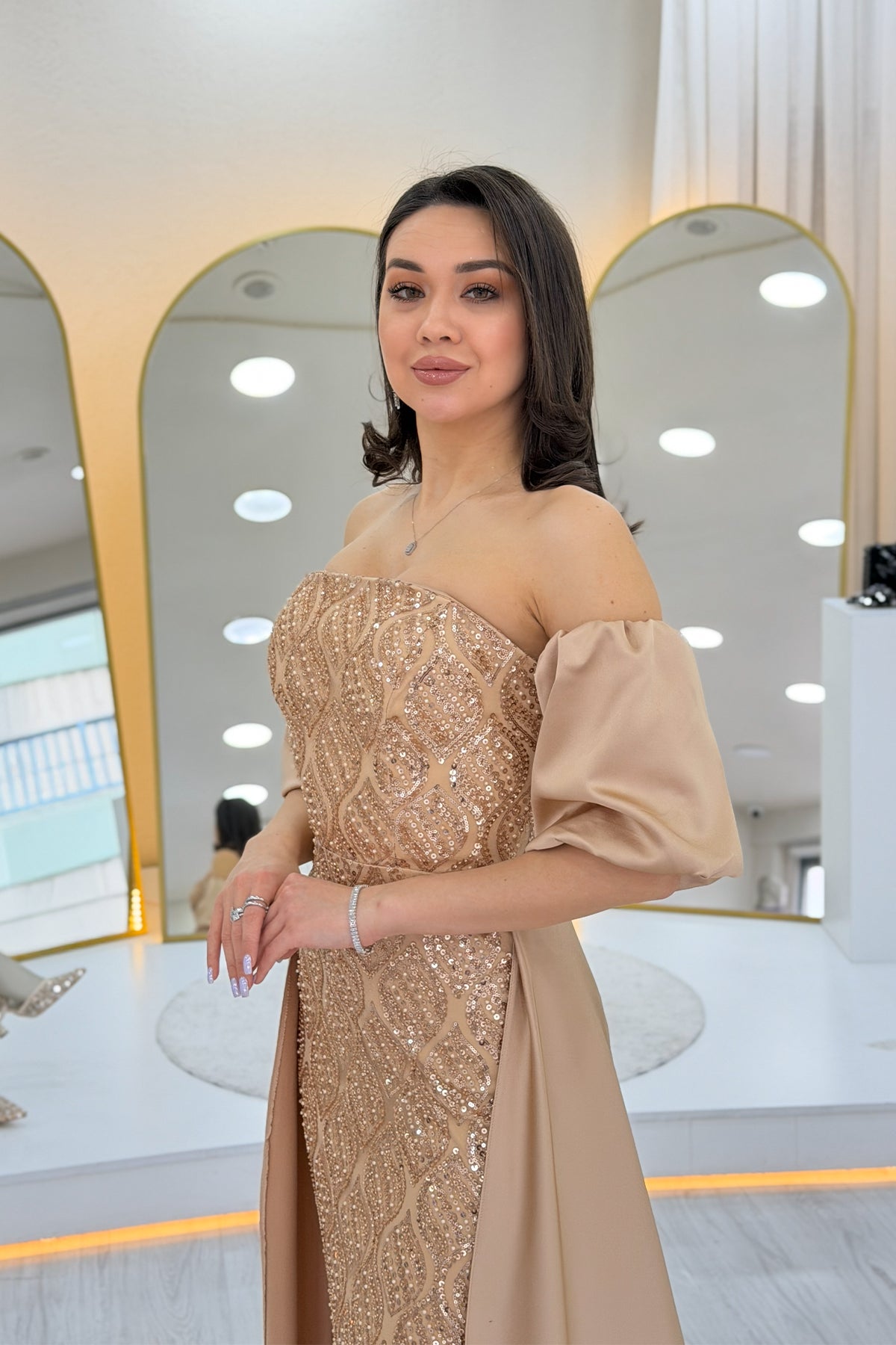 Women's Gold Satin Tailored Dress with Detachable Sleeves