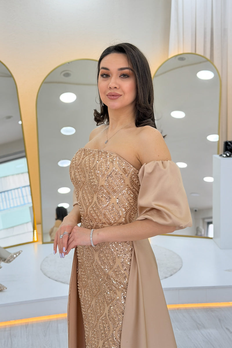 Women's Gold Satin Tailored Dress with Detachable Sleeves