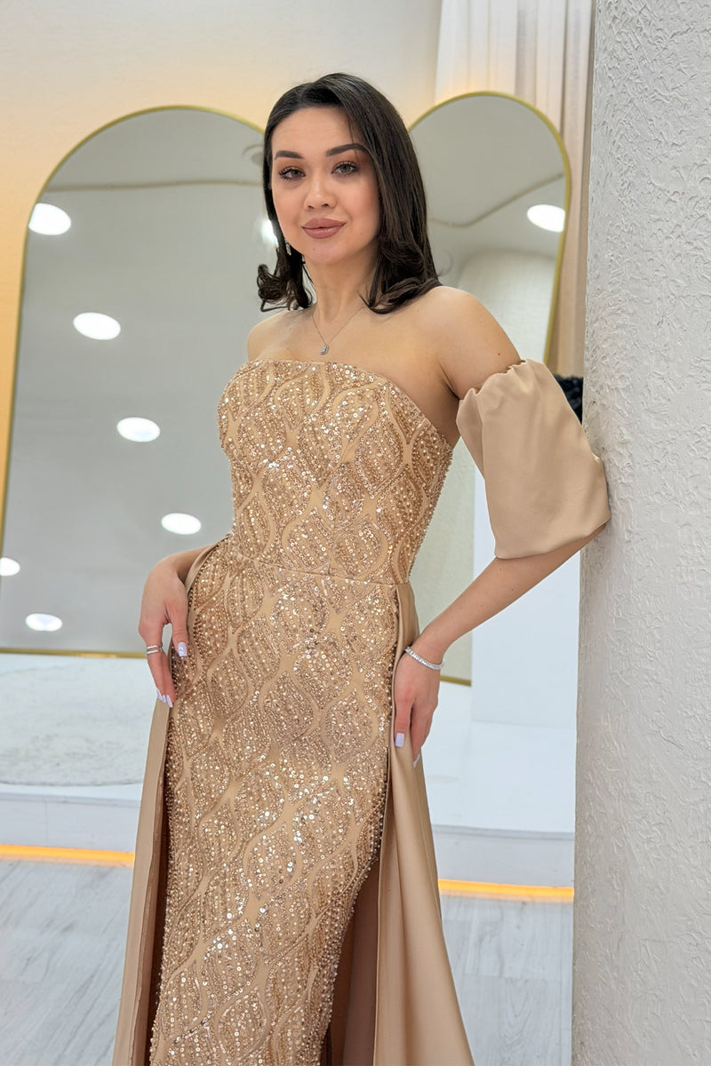 Women's Gold Satin Tailored Dress with Detachable Sleeves