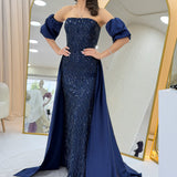Women's Navy Blue Satin Tailored Dress with Detachable Sleeves