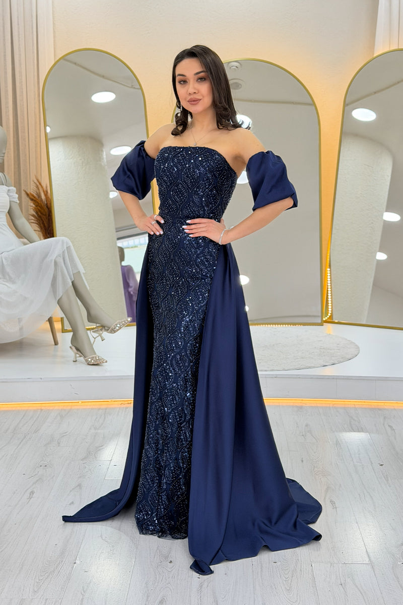 Women's Navy Blue Satin Tailored Dress with Detachable Sleeves