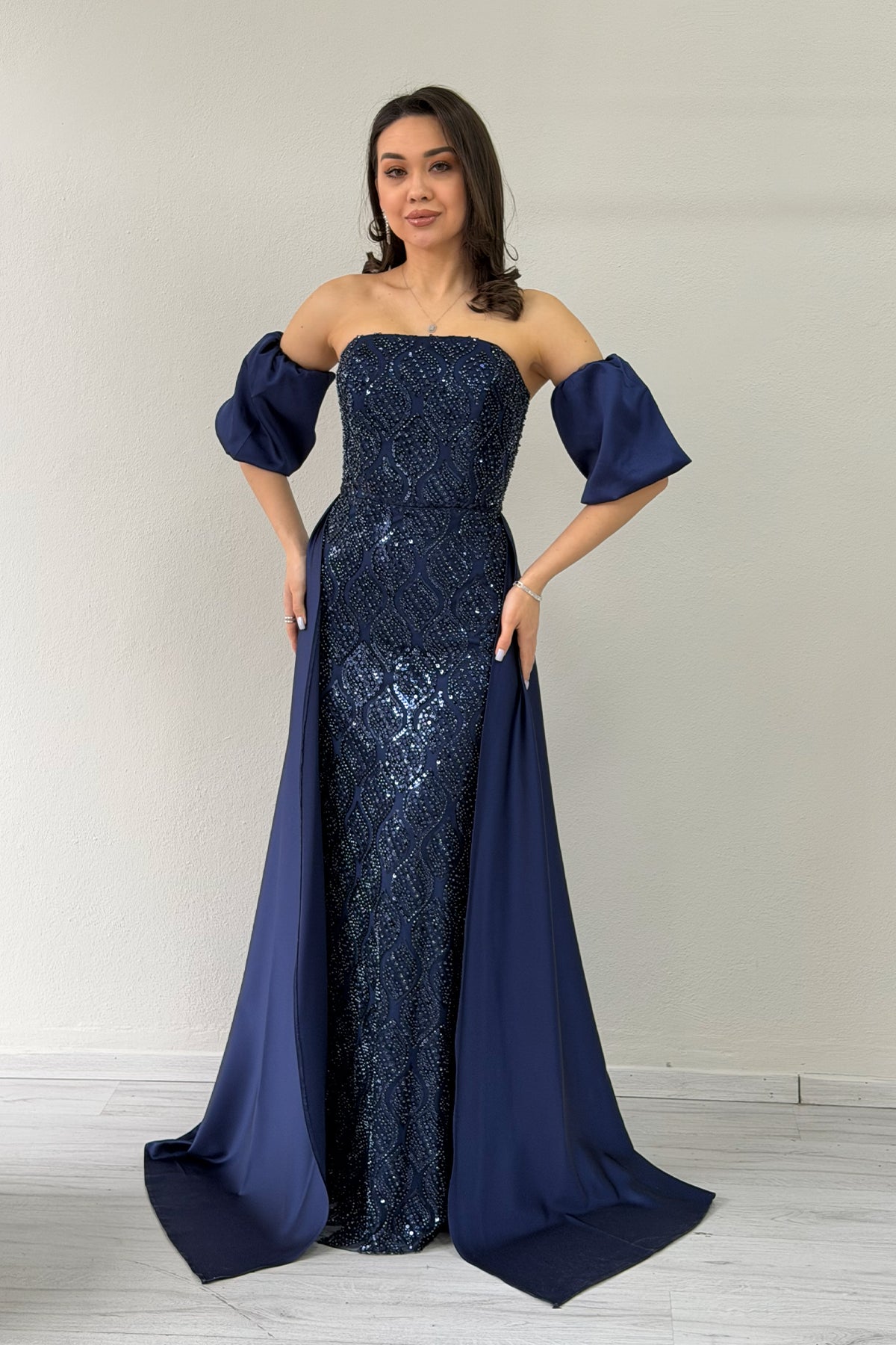 Women's Navy Blue Satin Tailored Dress with Detachable Sleeves