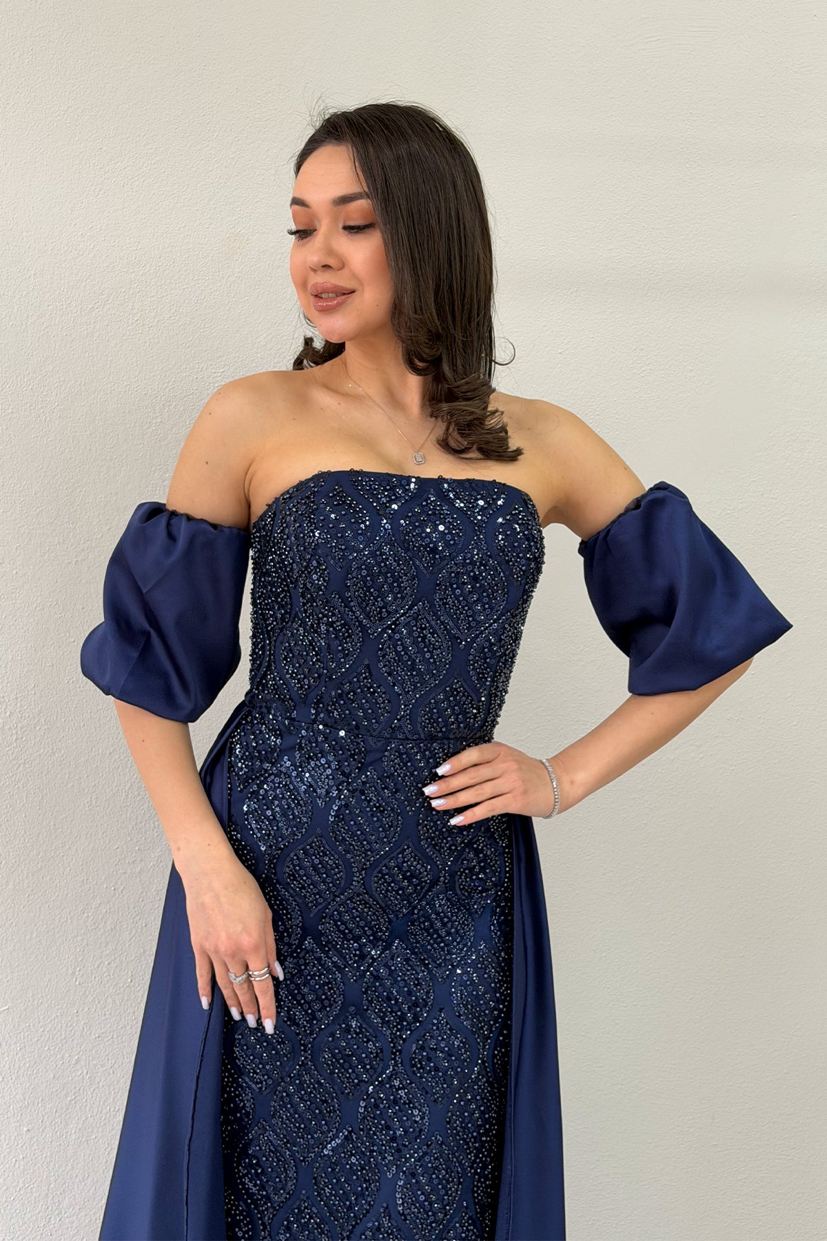Women's Navy Blue Satin Tailored Dress with Detachable Sleeves