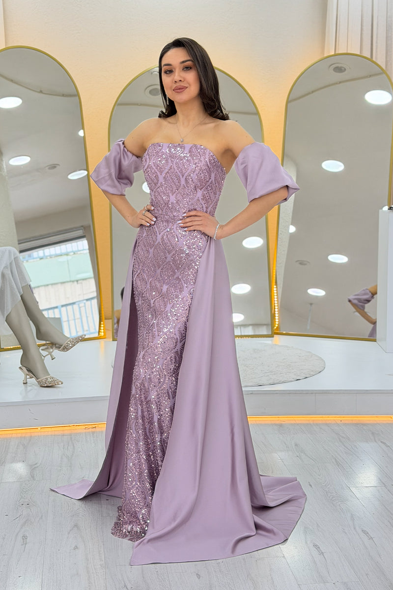 Women's Lilac Satin Tailored Dress with Detachable Sleeves