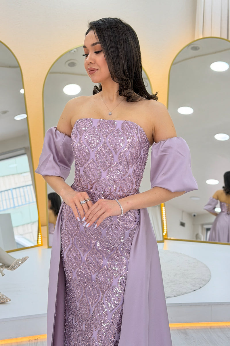 Women's Lilac Satin Tailored Dress with Detachable Sleeves