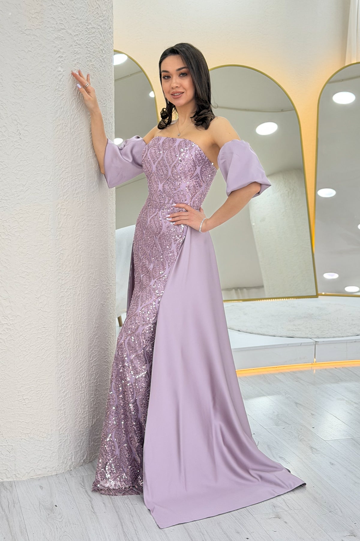 Women's Lilac Satin Tailored Dress with Detachable Sleeves
