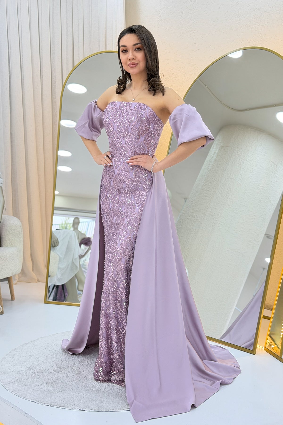 Women's Lilac Satin Tailored Dress with Detachable Sleeves