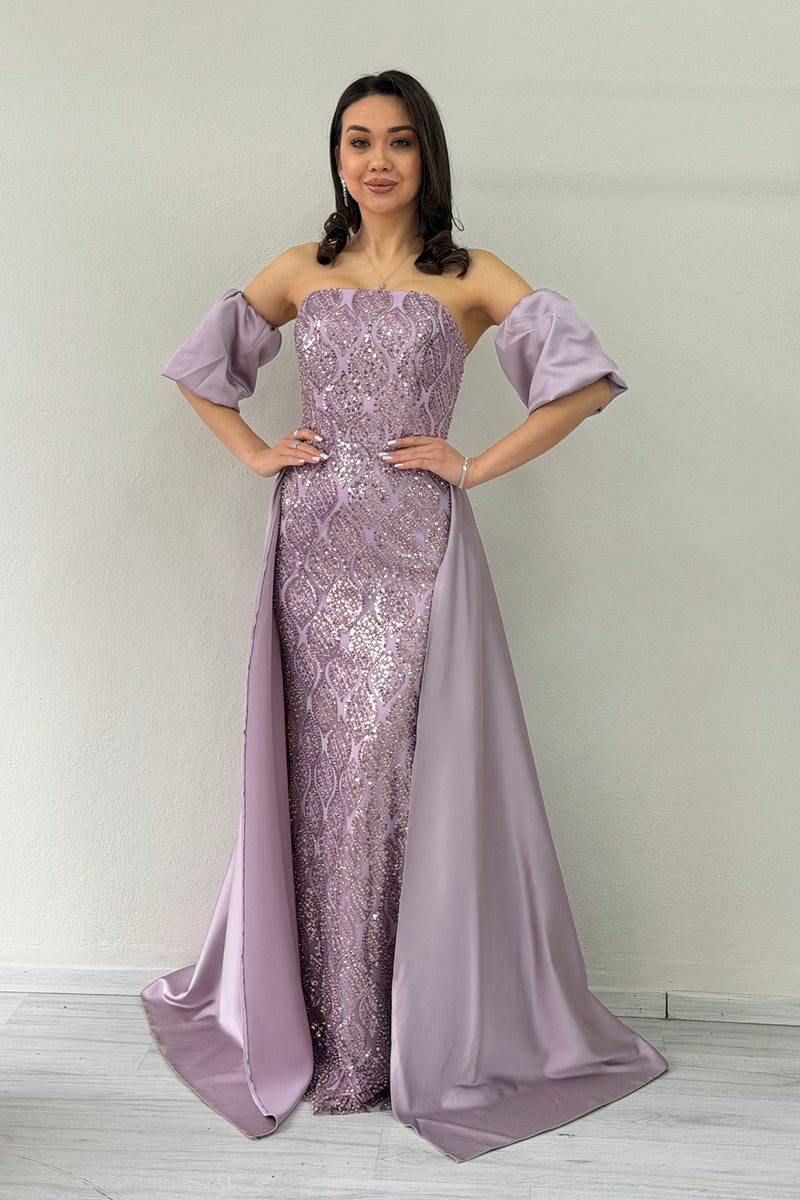 Women's Lilac Satin Tailored Dress with Detachable Sleeves