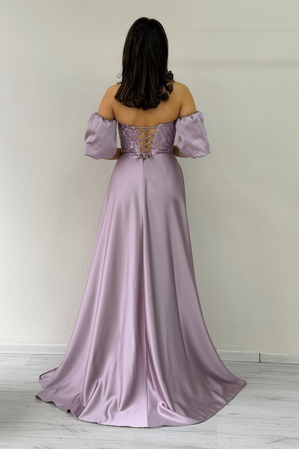 Women's Lilac Satin Tailored Dress with Detachable Sleeves