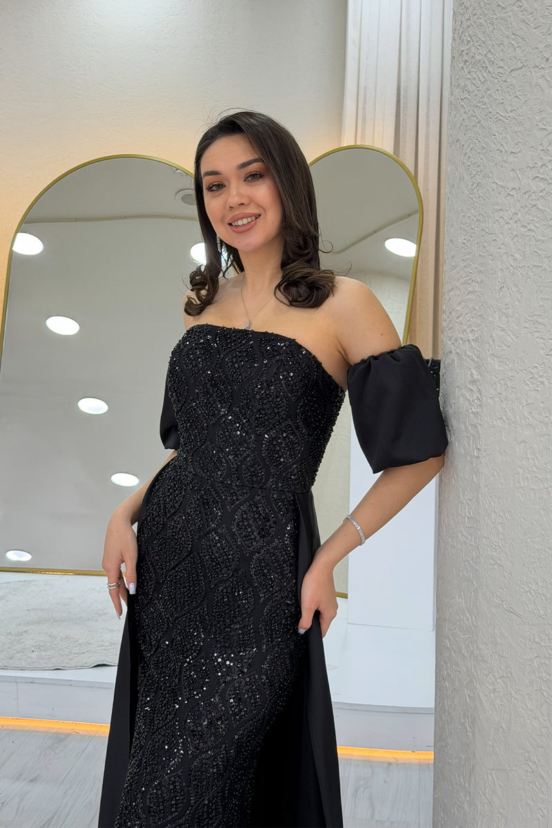 Women's Black Satin Tailored Dress with Detachable Sleeves