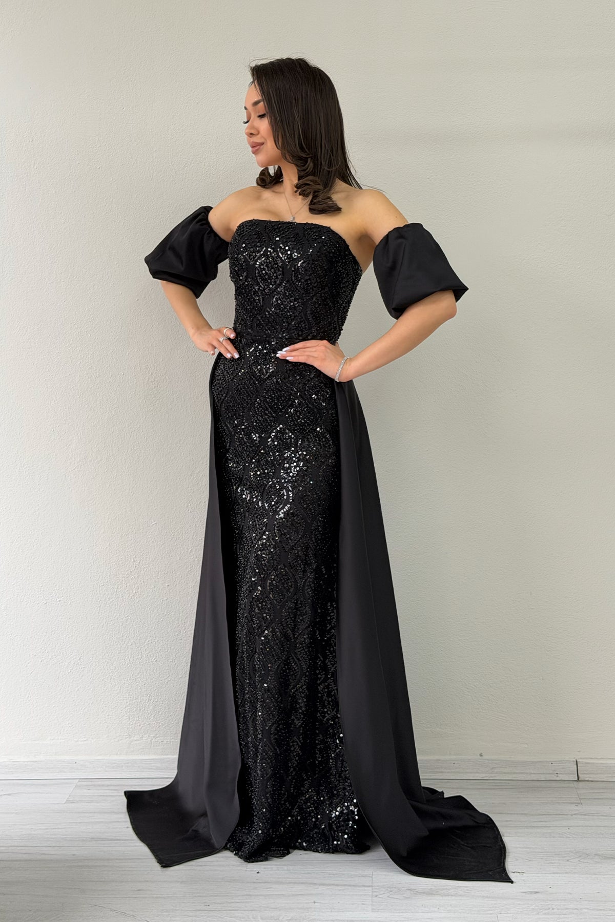 Women's Black Satin Tailored Dress with Detachable Sleeves