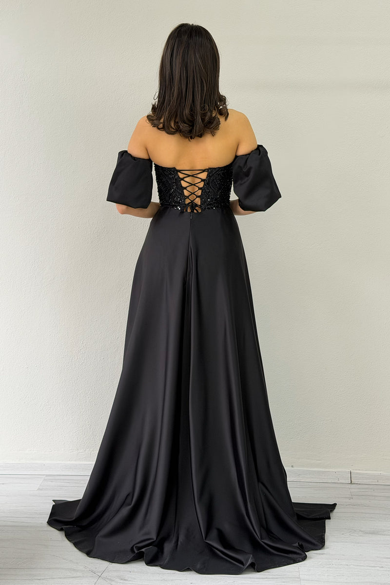 Women's Black Satin Tailored Dress with Detachable Sleeves