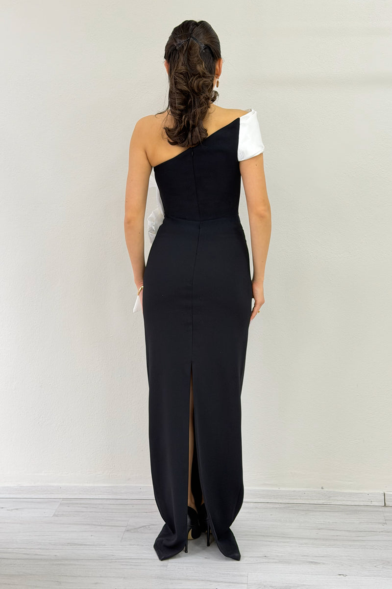 Women's One-Shoulder White Striped Rose Detail Mermaid Evening Dress