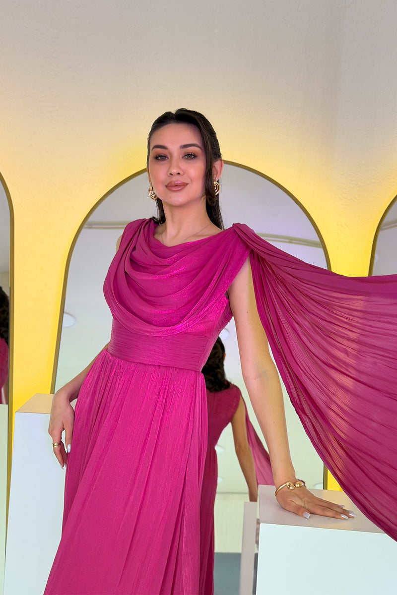 Fuchsia Drape Cloak Sleeve Evening Dress