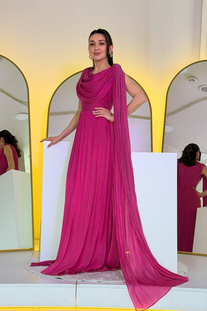 Fuchsia Drape Cloak Sleeve Evening Dress