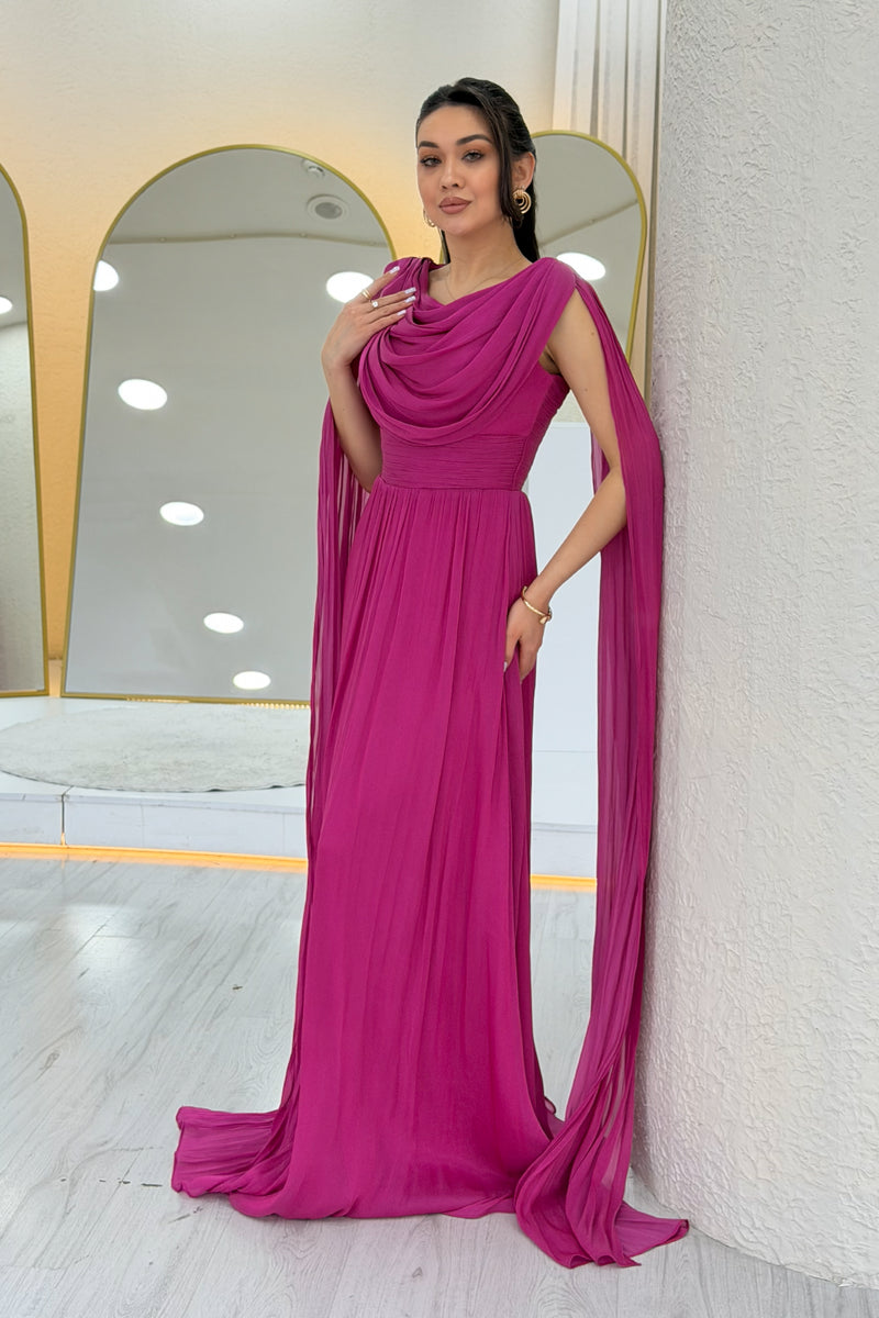 Fuchsia Drape Cloak Sleeve Evening Dress
