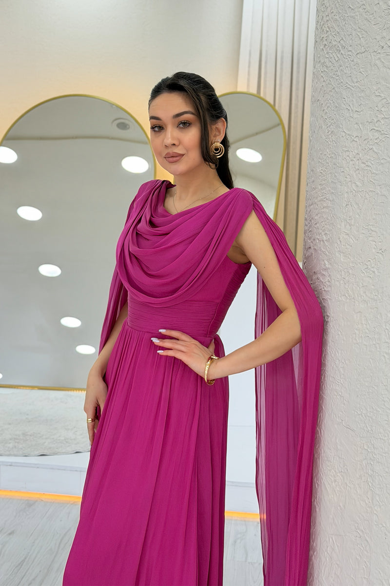 Fuchsia Drape Cloak Sleeve Evening Dress
