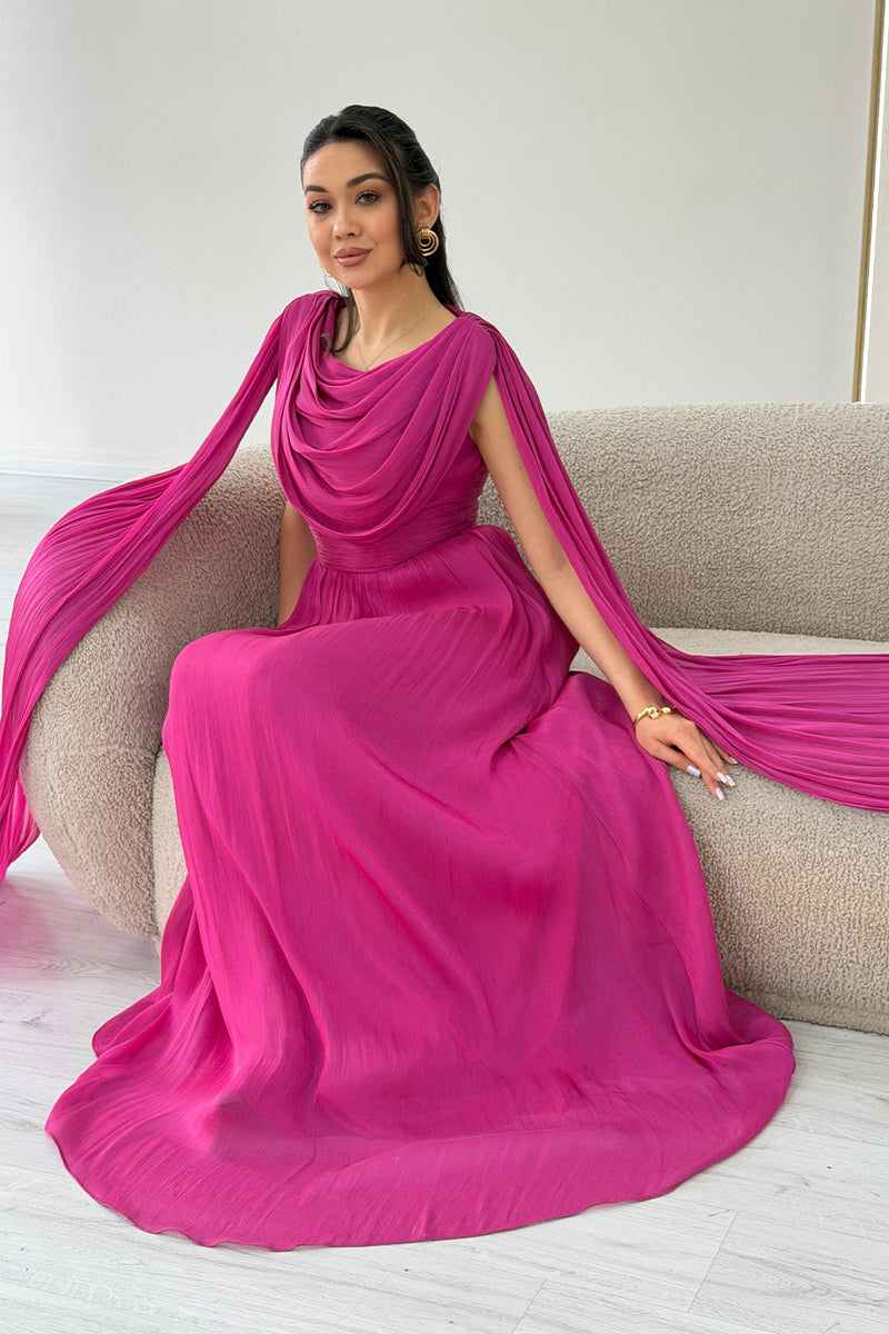 Fuchsia Drape Cloak Sleeve Evening Dress