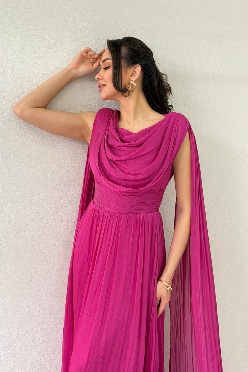 Fuchsia Drape Cloak Sleeve Evening Dress