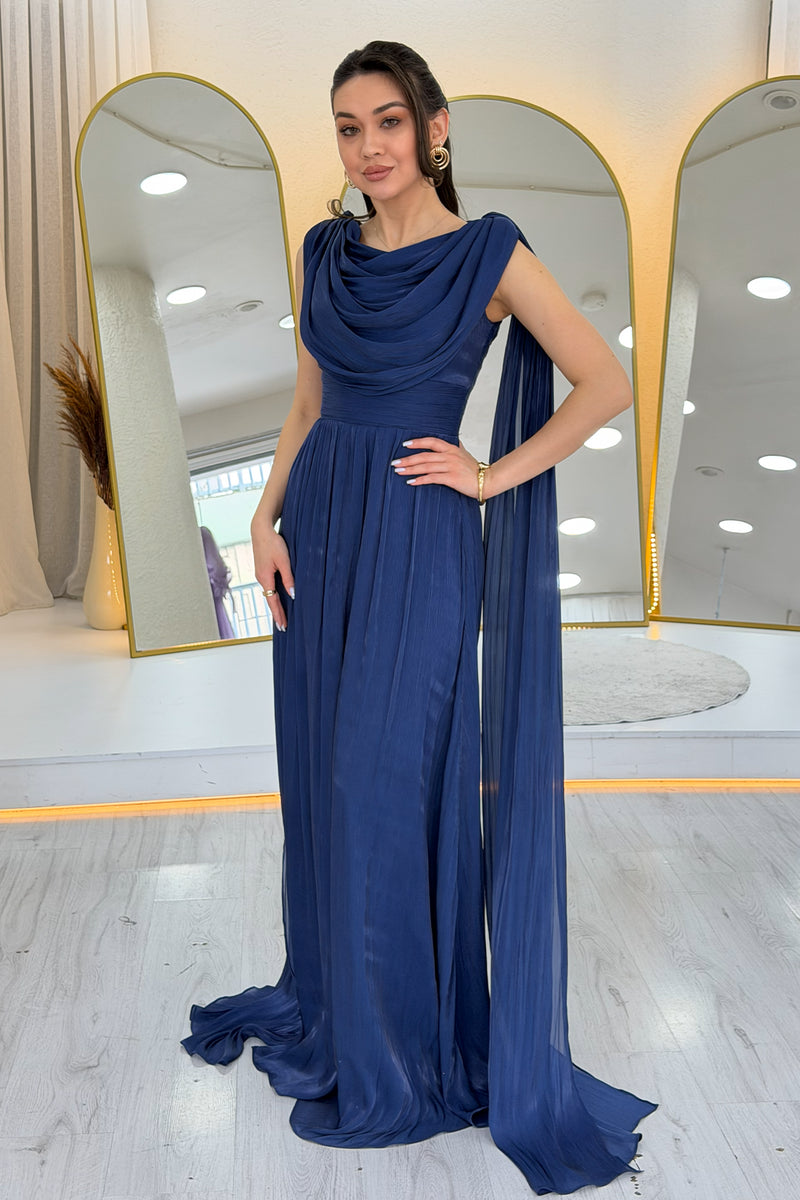 Navy Blue Drape Cloak Sleeve Evening Dress