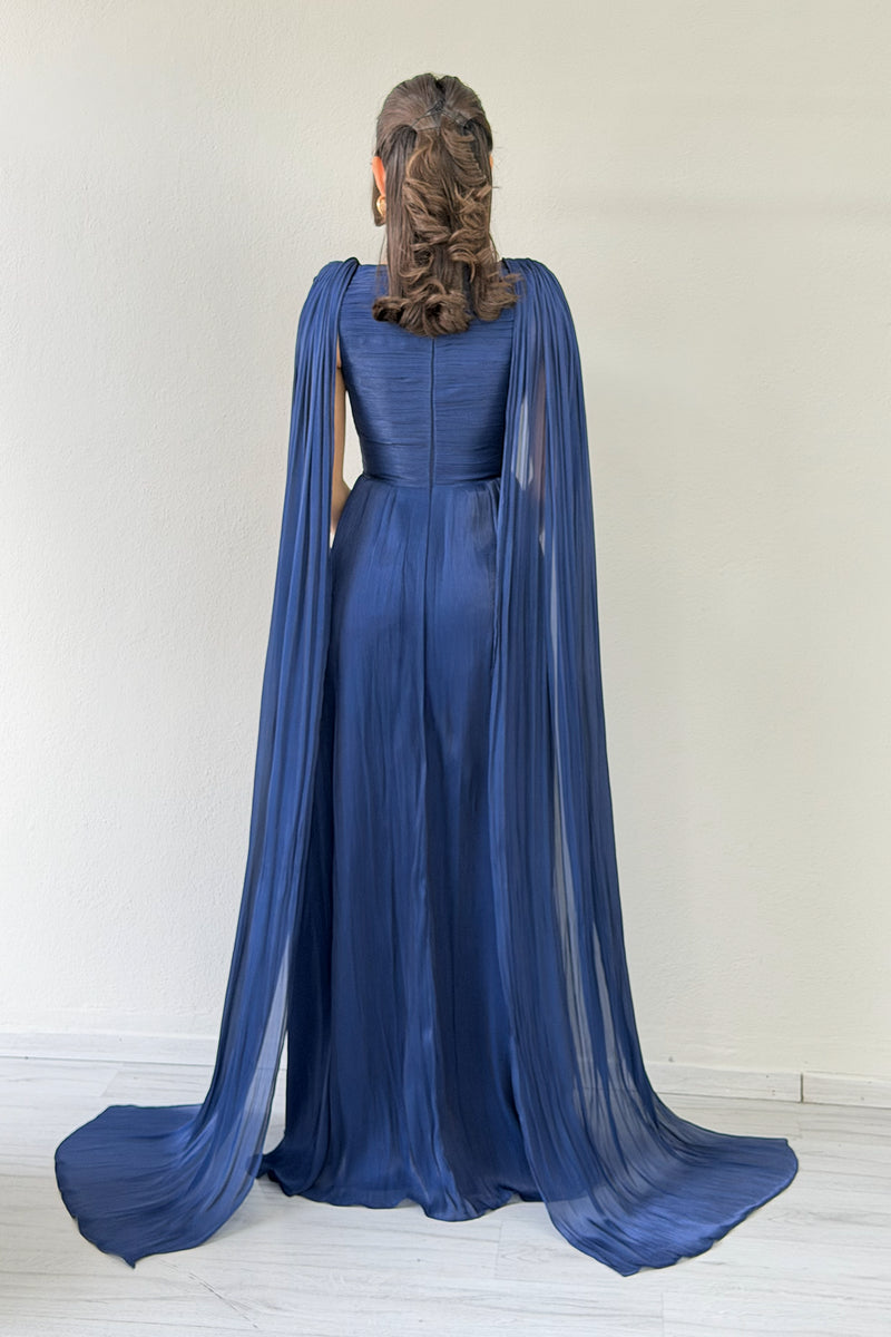 Navy Blue Drape Cloak Sleeve Evening Dress