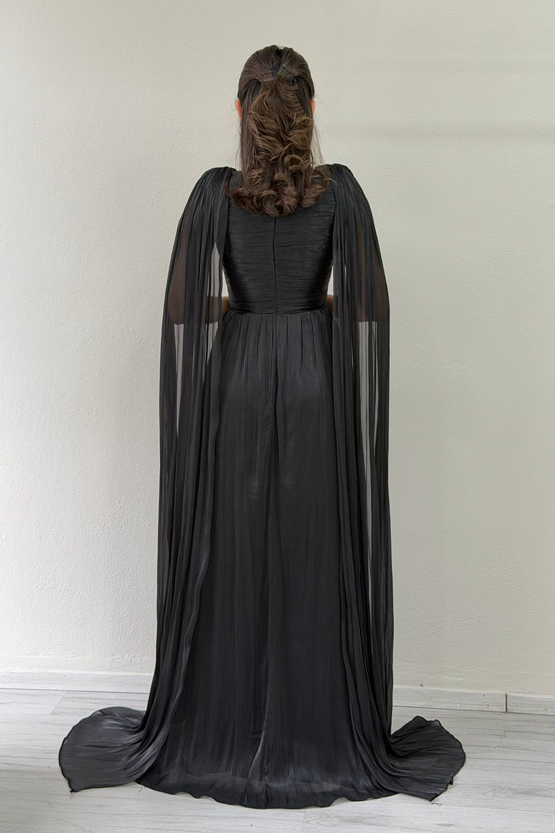 Black Drape Cloak Sleeve Evening Dress